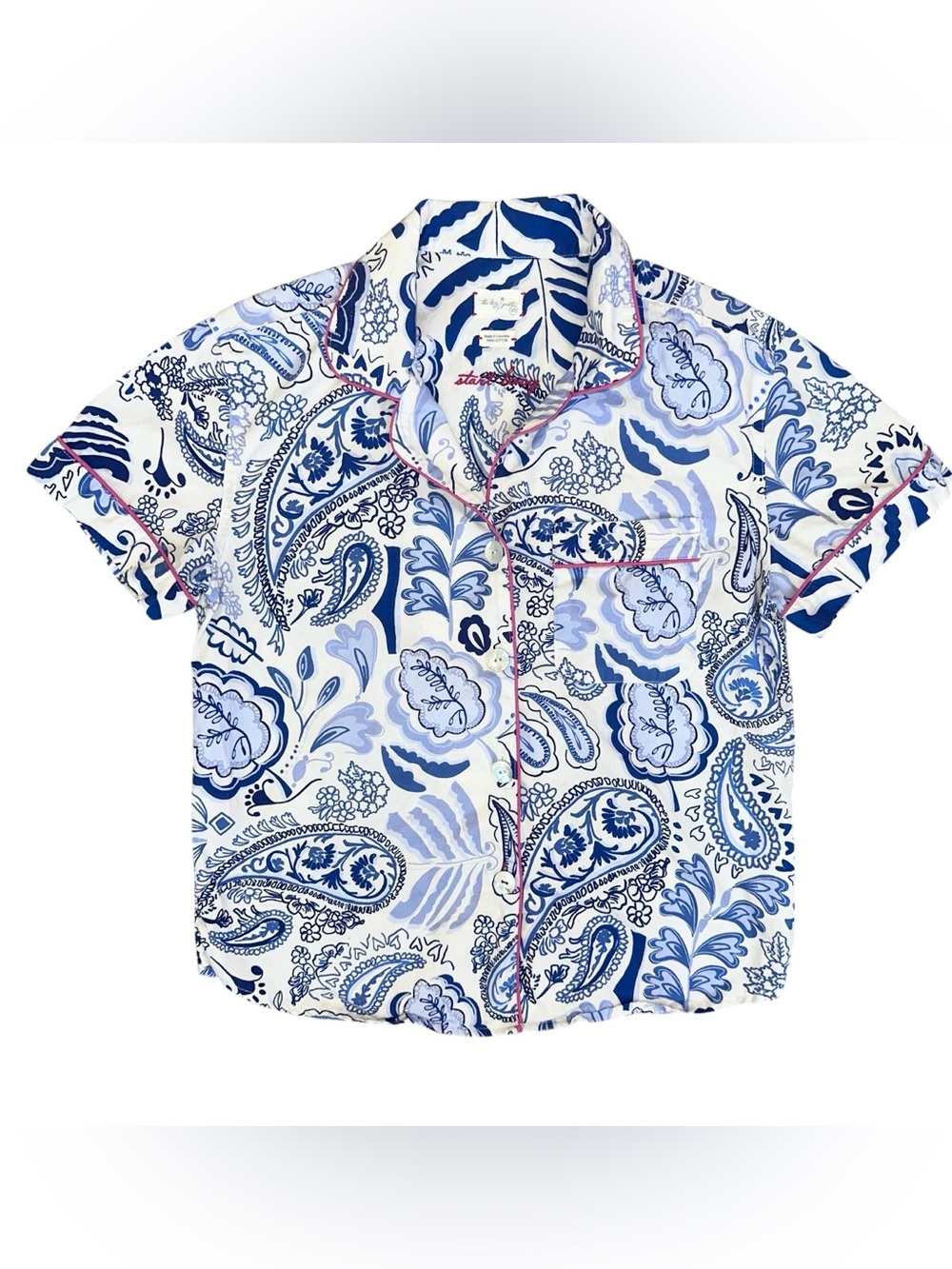 The Lazy Poet Emerson Sissy Printed White Blue Cotton Button Down Sleep Top XS